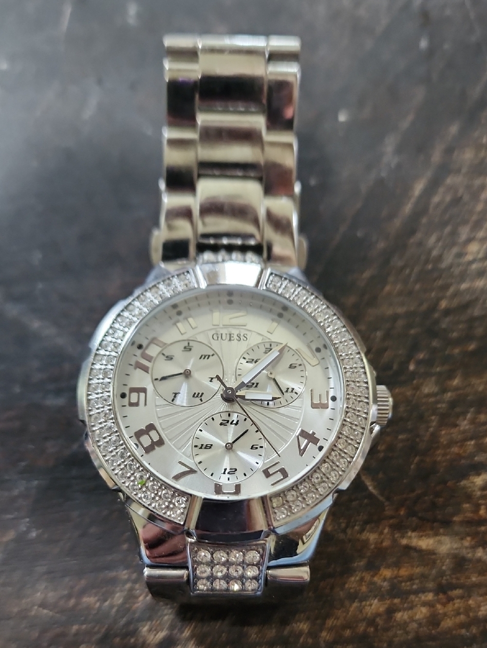 GUESS Silver Crystal Accent Women's Watch with White Dial